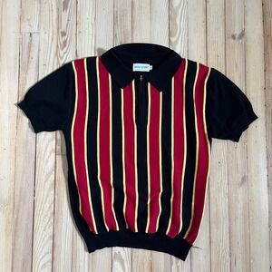 OXXKNITSTORE Mens Knit Striped Polo Shirt Short Sleeve Zip Up Black Red Yellow